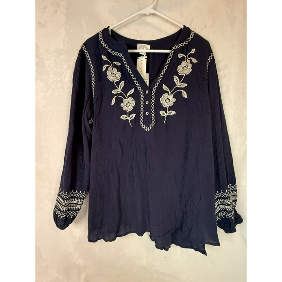 Market & Spruce Tops - Market & Spruce NWT Navy Embroidered Peasant Blouse Boho Tunic Top Size XL